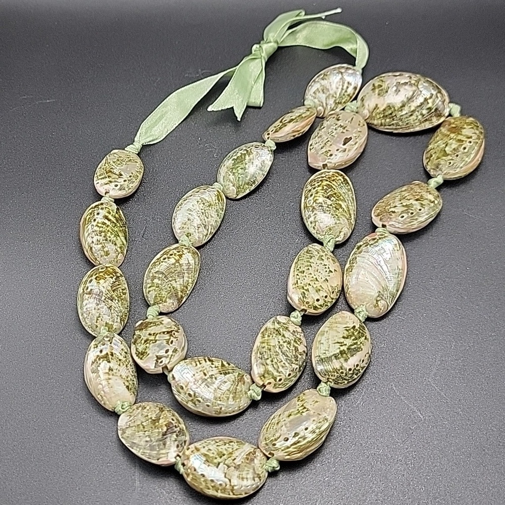Genuine Hawaiian Green Paua Abalone Shell Lei Ribbon Tie Statement 34" Necklace